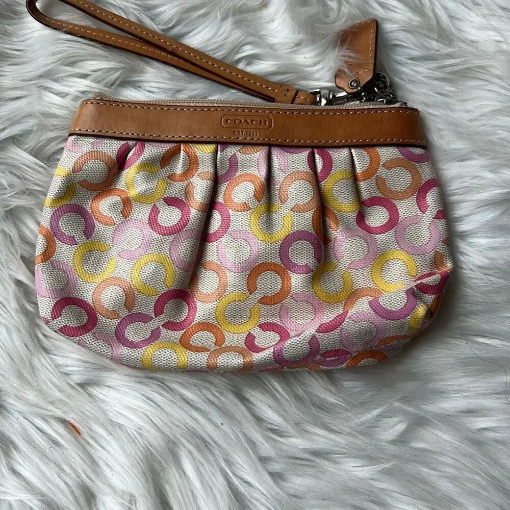 Coach Wristlet Colorful Pink Op Art Signature Clutch Leather Trim Retro Case Y2K